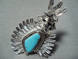 Marvelous Native American Navajo Signed Kingman Turquoise Sterling Silver Kachina Ring-Nativo Arts