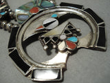 Native American Intricate!! Vintage Zuni Turquoise Inlay Sterling Silver Squash Blossom Necklace-Nativo Arts
