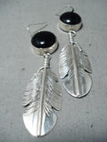 Incredible Native American Navajo Black Onyx Sterling Silver Feather Earrings-Nativo Arts