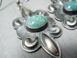 Hand Repoussed Vintage Native American Navajo Sterling Silver Green Turquoise Earrings-Nativo Arts