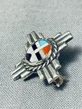 Noteworthy Vintage Native American Zuni Inlay Sunface Turquoise Coral Jet Sterling Silver Pin-Nativo Arts