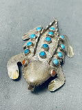 Unforgettable Native American Navajo Turquoise & Coral Sterling Silver Toad Pin/ Pendant-Nativo Arts