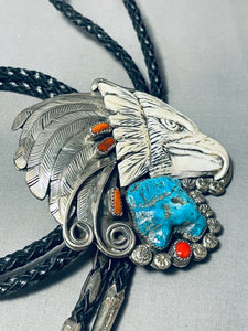 Best Vintage Fran Gomez Eagle Hand Carved Turquoise Sterling Silver Bolo Tie-Nativo Arts