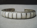 Impressive Vintage Native American Navajo Thick Pearl Sterling Silver Inlay Bracelet Old-Nativo Arts