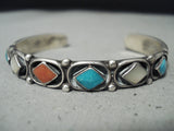 Striking Vintage Native American Zuni Turquoise Mother Of Pearl Coral Sterling Silver Bracelet-Nativo Arts