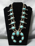 Authentic Vintage Native American Navajo Domed Turquoise Sterling Silver Squash Blossom Necklace-Nativo Arts