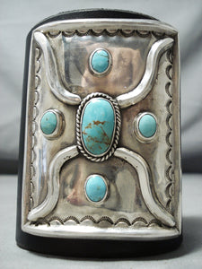 Awesome Vintage Native American Navajo Turquoise Sterling Silver Repousse Bowguard-Nativo Arts