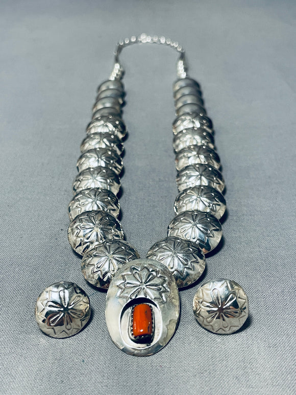 Fine Native American Navajo Chunky Coral Sterling Silver Flat Bead Necklace-Nativo Arts