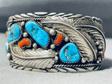 Wide Mens Vintage Native American Navajo Turquoise Coral Leaf Sterling Silver Bracelet-Nativo Arts