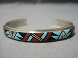 Intricate Vintage Zuni Native American Turquoise Coral Sterling Silver Bracelet-Nativo Arts