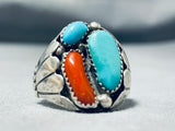 Outstanding Vintage Native American Navajo Turquoise Coral Sterling Silver Ring-Nativo Arts