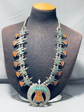 219 Gram Vintage Native American Navajo Turquoise Coral Sterling Silver Squash Blossom Necklace-Nativo Arts