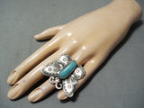 Whimsical Native American Navajo Kingman Turquoise Sterling Silver Butterfly Ring-Nativo Arts