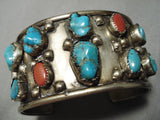 Huge Vintage Native American Navajo Blue Turquoise Coral Sterling Silver Bracelet-Nativo Arts