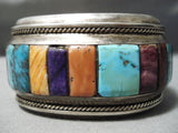 One Of Best Vintage Native American Navajo Turquoise Sterling Silver Row Inlay Bracelet Heavy-Nativo Arts