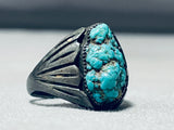 Very Dark Patina Vintage Native American Navajo Turquoise Sterling Silver Ring Old-Nativo Arts