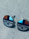 Very Intricate Vintage Native American Zuni Turquoise Coral Sterling Silver Earrings-Nativo Arts