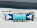 Rare Turquoise Vintage Native American Navajo Sterling Silver Lapis Inlay Bracelet-Nativo Arts