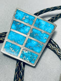 Native American 50 + Year Old Seasoned Vintage Zuni Turquoise Inlay Sterling Silver Bolo Tie-Nativo Arts