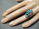 Exquisite Vintage Native American Zuni Carved Blue Gem Turquoise Sterling Silver Ring-Nativo Arts