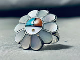Glorious Vintage Native American Zuni Mother Of Pearl Inlay Sunface Sterling Silver Ring-Nativo Arts