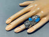 Fascinating Native American Navajo Kingman Turquoise Sterling Silver Buffalo Ring-Nativo Arts