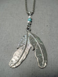 Detailed!! Vintage Native American Navajo Turquoise Sterling Silver Feathers Necklace-Nativo Arts
