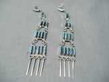 Ash Laate Native American Zuni Needle Turquoise Sterling Silver Chandelier Earrings-Nativo Arts