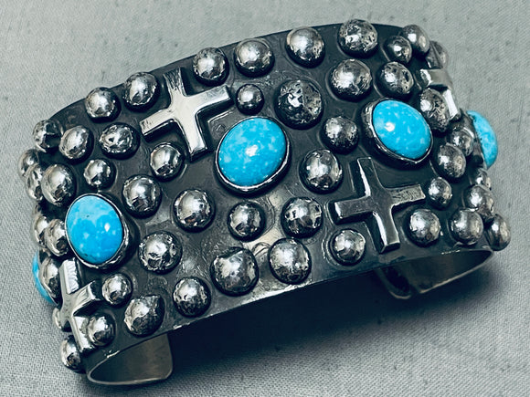Heavy 104 Gram Native American Navajo Sterling Silver Cross Turquoise Bracelet-Nativo Arts
