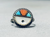 Very Old Vintage Native American Zuni Turquoise Coral Sterling Silver Sunface Ring-Nativo Arts