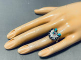 Rare Vintage Signed Native American Zuni Inlay Blue Gem Turquoise Sunface Sterling Silver Ring-Nativo Arts