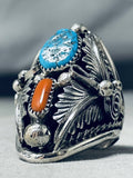 Astounding Native American Navajo Turquoise Coral Sterling Silver Ring-Nativo Arts