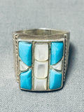 Captivating Vintage Native American Navajo Inlay Turquoise Mother Of Pearl Sterling Silver Ring-Nativo Arts