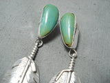 Unique Native American Navajo Royston Turquoise Sterling Silver Feather Earrings-Nativo Arts