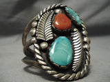 Big Over 100 Gram Vintage Native American Navajo Green Turquoise Coral Sterling Silver Bracelet-Nativo Arts