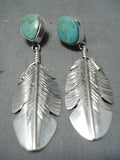 Remarkable Native American Navajo Royston Turquoise Sterling Silver Feather Earrings-Nativo Arts