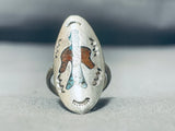 Very Intricate 1960s Vintage Native American Navajo Turquoise Coral Sterling Silver Ring Old-Nativo Arts