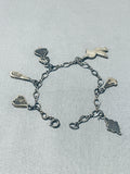 Important Vintage Native American Zuni Dishta Turquoise Sterling Silver Inlay Charm Bracelet Old-Nativo Arts
