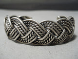 Intricate Hand Woven Vintage Native American Navajo Sterling Silver Rug Bracelet Old-Nativo Arts