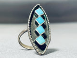 Native American Beautiful Quality Vintage Zuni Turquoise Inlay Sterling Silver Ring Old-Nativo Arts