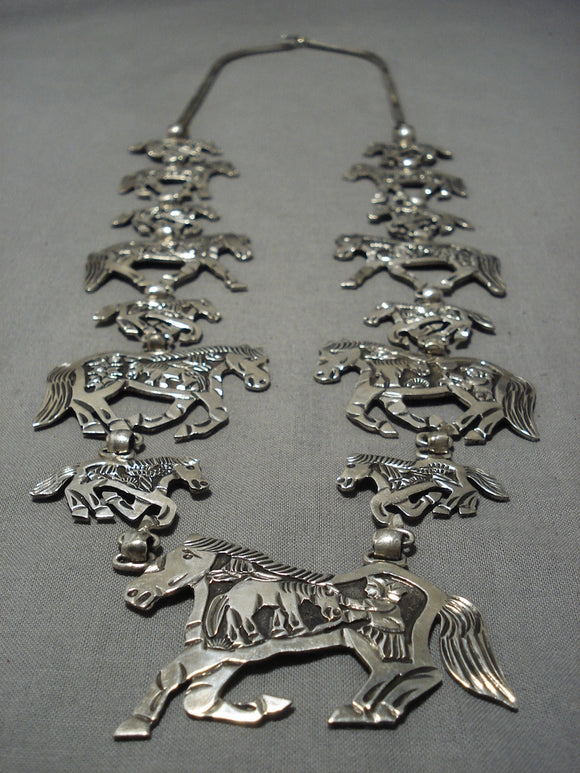 Important Vintage Navajo Sterling Silver Squash Blossom Horse Necklace-Nativo Arts