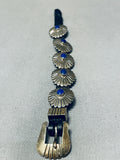 One Of A Kind Vintage Native American Navajo Lapis Sterling Silver 5 Concho Leather Bracelet-Nativo Arts