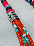 Native American Authentic Singer Coral Turquoise Sterling Silver Tubule Necklace-Nativo Arts