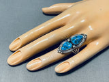 Striking Vintage Native American Navajo 2 Morenci Turquoise Sterling Silver Ring-Nativo Arts
