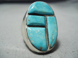 Heavy Vintage Native American Navajo Blue Gem Turquoise Sterling Silver Ring-Nativo Arts