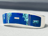Thick Sturdy Vintage Native American Navajo Lapis Turquoise Inlay Sterling Silver Bracelet-Nativo Arts