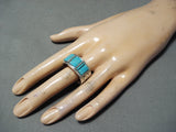 Distinctive Navajo Native American Old Kingman Turquoise Sterling Silver Ring-Nativo Arts