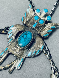 Native American Huge Southwest Kachina Vintage Turquoise Sterling Silver Bolo Tie-Nativo Arts