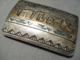 Older Vintage Native American Navajo Hand Tooled Sterling Silver Green Turquoise Buckle Old-Nativo Arts
