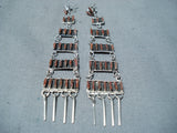 6 Tier Zuni Coral Sterling Silver Native American Earrings-Nativo Arts